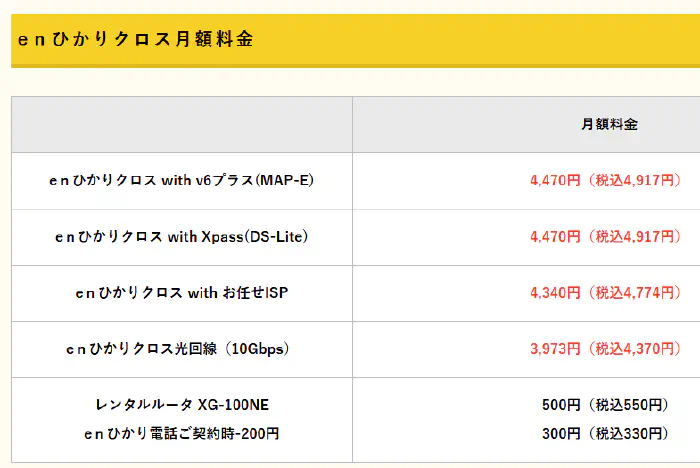 enひかりクロス 料金表